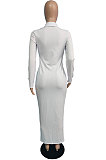 White Pure Color Long Sleeve Lapel Neck Button Front  Slim Fitting Slit Dress JG059-3