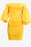 Black Euramerican Women Pure Color Off Shoulder Sexy Lantern Sleeve Mid Waist Mini Dress R6129-5