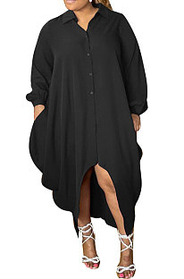 Black Women Pure Color Button Turn-Down Collar Single-Breasted Shirts Mid Waist Plus Midi Dress PH13258-3