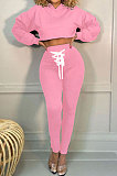Pink Women Trendy Sport Cotton Pure Color Bnadage Bodycon Hooded Tops Pants Sets PH13261-2