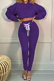 Purple Women Trendy Sport Cotton Pure Color Bnadage Bodycon Hooded Tops Pants Sets PH13261-3
