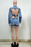 Sky Blue Modest Casual Long Sleeve Lapel Neck Button Front Backless Shirts Bandage Shorts Jean Slim Fitting Sets F88395