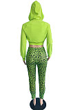 Neon Green Casual Long Sleeve Hoodie Leopard Print Pants Sport Sets JG060