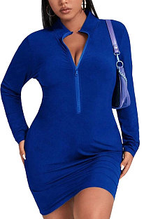 Dark Blue Casual Ribber Zipper Pure Color Long Sleeve Tight Mid Waist Plus Mini Dress PH13260-4