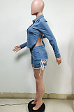 Sky Blue Modest Casual Long Sleeve Lapel Neck Button Front Backless Shirts Bandage Shorts Jean Slim Fitting Sets F88395