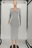 Gray Women Pure Color U Collar Long Sleeve Sexy Mid Waist Midi Dress SMY81121-1