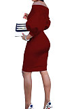 Rose Red Euramerican Women Pure Color Off Shoulder Sexy Lantern Sleeve Mid Waist Mini Dress R6129-8