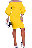 White Euramerican Women Pure Color Off Shoulder Sexy Lantern Sleeve Mid Waist Mini Dress R6129-1