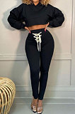 Black Women Trendy Sport Cotton Pure Color Bnadage Bodycon Hooded Tops Pants Sets PH13261-1