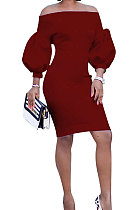 Wine Red Euramerican Women Pure Color Off Shoulder Sexy Lantern Sleeve Mid Waist Mini Dress R6129-4