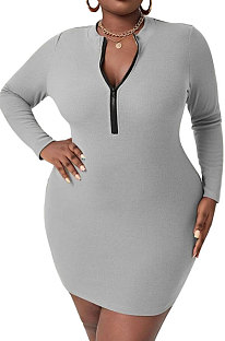 Gray Casual Ribber Zipper Pure Color Long Sleeve Tight Mid Waist Plus Mini Dress PH13260-2