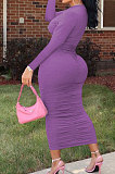 Light Purple Fashion Simple Long Sleeve Round Collar Ruffle Slim Fittint Hip Dress F88391-4