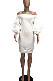 Yellow Euramerican Women Pure Color Off Shoulder Sexy Lantern Sleeve Mid Waist Mini Dress R6129-2