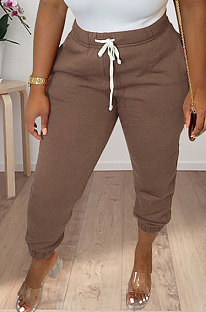 Brown Women Solid Color Thick Mid Waist Loose Pants PH13255-5