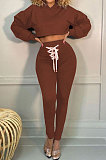 Brown Women Trendy Sport Cotton Pure Color Bnadage Bodycon Hooded Tops Pants Sets PH13261-6