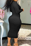 Black Women Pure Color U Collar Long Sleeve Sexy Mid Waist Midi Dress SMY81121-2