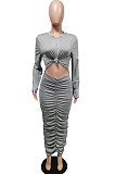Gray Fashion Simple Long Sleeve Round Collar Ruffle Slim Fittint Hip Dress F88391-3