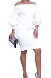 Dark Blue Euramerican Women Pure Color Off Shoulder Sexy Lantern Sleeve Mid Waist Mini Dress R6129-6