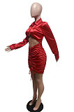 Rose Red Sexy Wholesale Long Sleeve Cardigan Crop Waist Ruffle Wrap Dress F88396-4