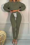 Dark Green Women Trendy Sport Cotton Pure Color Bnadage Bodycon Hooded Tops Pants Sets PH13261-7