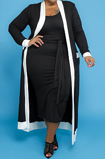 Black Women Casual Pure Color Stripe Spliced Long Sleeve Coat Tank Plus Skirts Sets NY5101-1