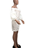 Yellow Euramerican Women Pure Color Off Shoulder Sexy Lantern Sleeve Mid Waist Mini Dress R6129-2