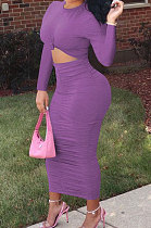 Light Purple Fashion Simple Long Sleeve Round Collar Ruffle Slim Fittint Hip Dress F88391-4