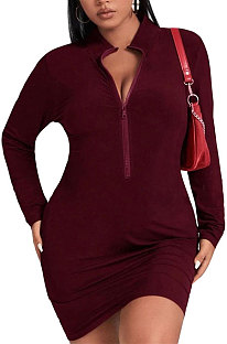 Wine Red Casual Ribber Zipper Pure Color Long Sleeve Tight Mid Waist Plus Mini Dress PH13260-1