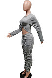 Black Fashion Simple Long Sleeve Round Collar Ruffle Slim Fittint Hip Dress F88391-2