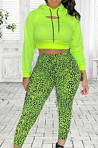 Neon Green Casual Long Sleeve Hoodie Leopard Print Pants Sport Sets JG060