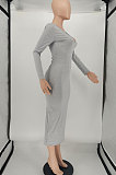 Gray Women Pure Color U Collar Long Sleeve Sexy Mid Waist Midi Dress SMY81121-1