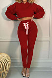 Wine Red Women Trendy Sport Cotton Pure Color Bnadage Bodycon Hooded Tops Pants Sets PH13261-5
