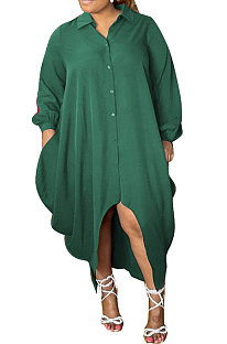 Green Women Pure Color Button Turn-Down Collar Single-Breasted Shirts Mid Waist Plus Midi Dress PH13258-2
