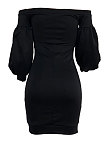 Dark Blue Euramerican Women Pure Color Off Shoulder Sexy Lantern Sleeve Mid Waist Mini Dress R6129-6