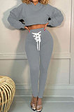 Gray Women Trendy Sport Cotton Pure Color Bnadage Bodycon Hooded Tops Pants Sets PH13261-4