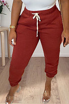 Wine Red Women Solid Color Thick Mid Waist Loose Pants PH13255-2