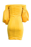Sky Blue Euramerican Women Pure Color Off Shoulder Sexy Lantern Sleeve Mid Waist Mini Dress R6129-7