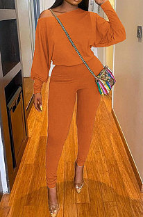 Orange Autumn Winter Pure Color Lantern Sleeve Loose Tops Pencil Pants Sport Sets F88394-8