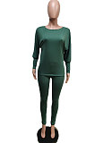 Army Green Autumn Winter Pure Color Lantern Sleeve Loose Tops Pencil Pants Sport Sets F88394-3