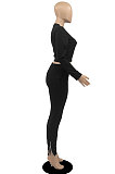 Black Fashion Simple Long Sleeve Round Neck Jumper Zipper Slit Pencil Pants Sets DR88127-4