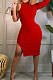 Red Wholesale Ribber Pure Color One Sleeve High Neck Slim Fittin Slit Hip Dress BS1288-3