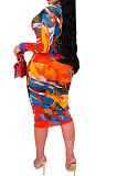 Orange Women Printing Sexy Perspectivity Round Collar Mid Waist Midi Dress YY5303-1