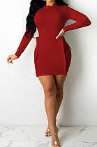 Red Simple Newest Ribber Long Sleeve High Neck Elastic Slim Fitting Hip Dress DR88123-1