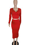 Red Women Sexy Fashion Pure Color Ribber Split Skirts Sets YY5304-1