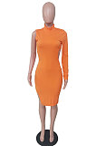 Orange Wholesale Ribber Pure Color One Sleeve High Neck Slim Fittin Slit Hip Dress BS1288-5