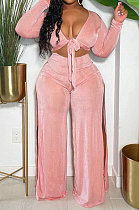 Pink Wholesale Women Velvet Long Sleeve Bandage Strapless Slit Wide Leg Pants Casual Sets DN8634-1