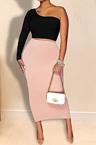 Black Pink Women Sexy Fashion Solid Color Single Sleeve Bodycon Skirts Sets YY5306-3
