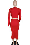 Red Women Sexy Fashion Pure Color Ribber Split Skirts Sets YY5304-1