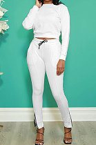 White Fashion Simple Long Sleeve Round Neck Jumper Zipper Slit Pencil Pants Sets DR88127-3