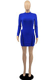 Blue Simple Newest Ribber Long Sleeve High Neck Elastic Slim Fitting Hip Dress DR88123-1